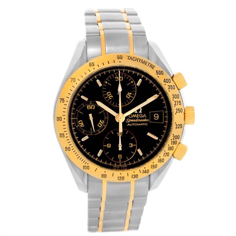 The Omega Speedmaster 3313.50.00 Men's Steel and Gold (two tone) Black Dial 3313.50.00 Men's Steel and Gold (two tone) Black Dial watch is shown from the front, displaying its face, bezel, and stainless steel bracelet.