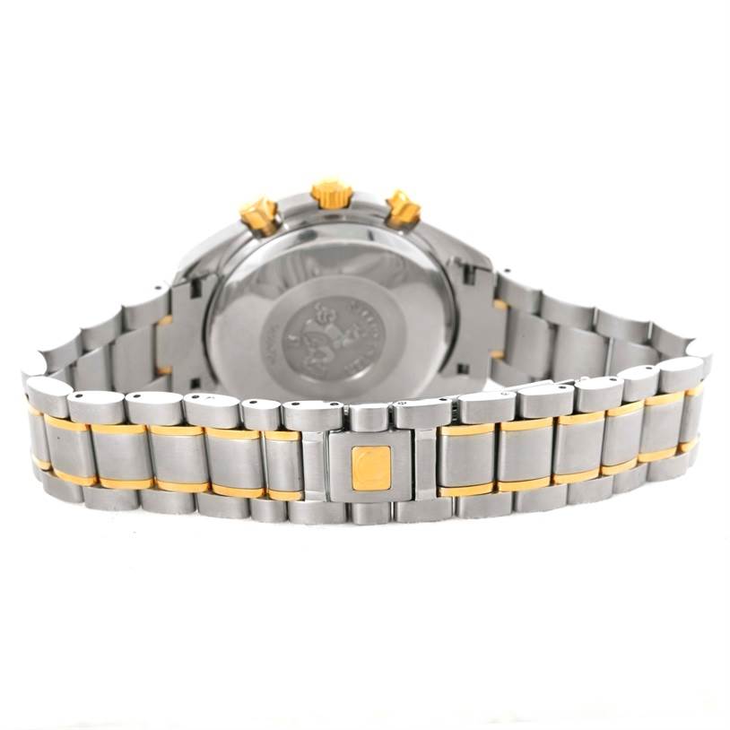 The image shows the back and bracelet of an Omega Speedmaster 3313.50.00 Men's Steel and Gold (two tone) Black Dial 3313.50.00 Men's Steel and Gold (two tone) Black Dial watch, highlighting the case back and clasp.