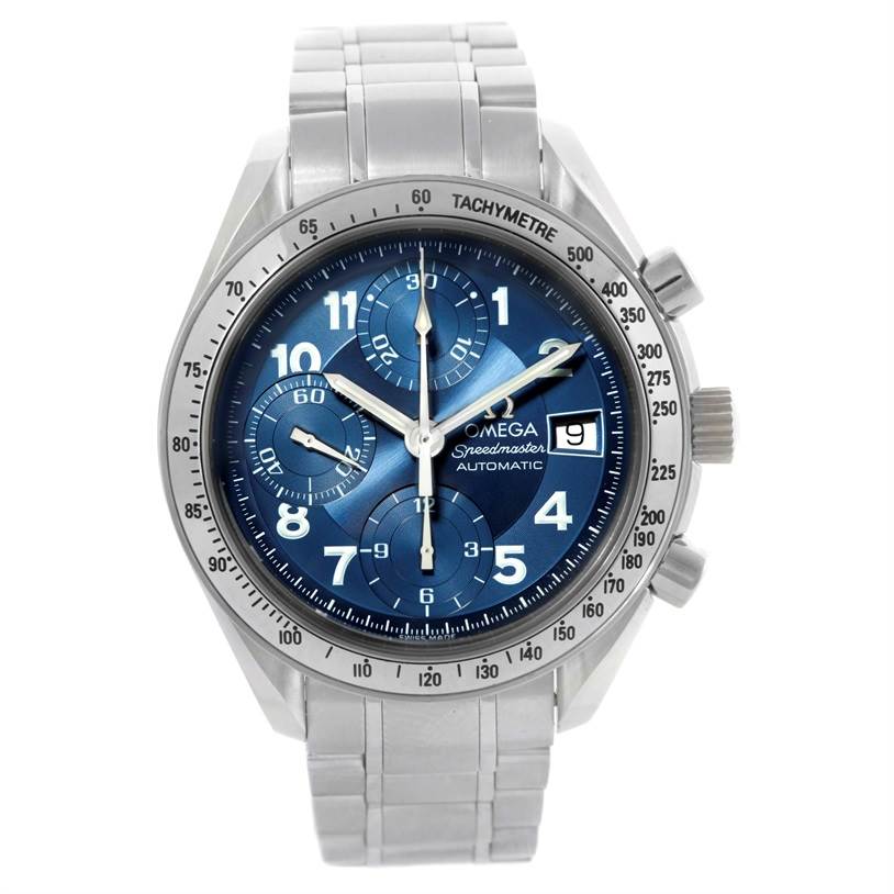The Omega Speedmaster Men
s Stainless Steel Blue Dial Men
s Stainless Steel Blue Dial watch is shown from a front angle, highlighting the blue dial, tachymeter bezel, and stainless steel bracelet.