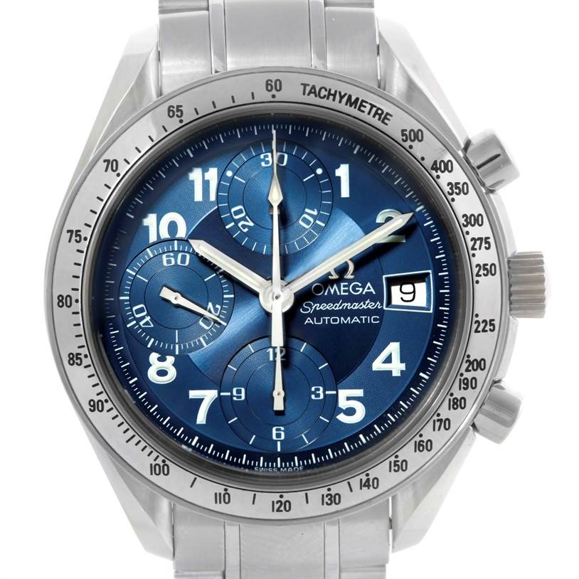 The image shows a front view of an Omega Speedmaster Men
s Stainless Steel Blue Dial Men
s Stainless Steel Blue Dial watch, highlighting its blue dial, tachymeter bezel, and chronograph subdials.