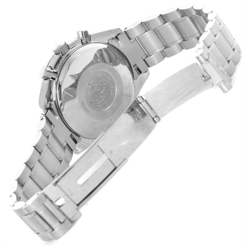 The image shows the back case and bracelet of an Omega Speedmaster Men
s Stainless Steel Blue Dial Men
s Stainless Steel Blue Dial watch, highlighting the polished caseback and clasp.