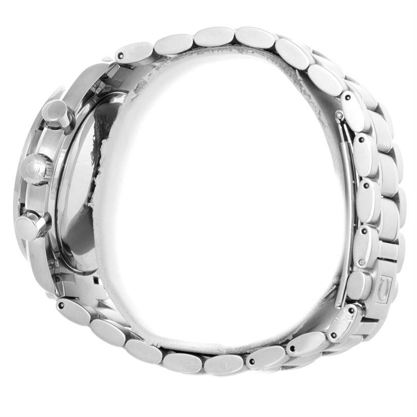 The image shows a side view of the Omega Speedmaster Men
s Stainless Steel Blue Dial Men
s Stainless Steel Blue Dial watch, focusing on the metal bracelet and side buttons.