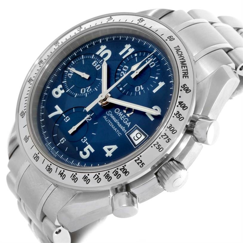 This image shows an angled view of the Omega Speedmaster Men
s Stainless Steel Blue Dial Men
s Stainless Steel Blue Dial watch, highlighting the dial, bezel, and bracelet.