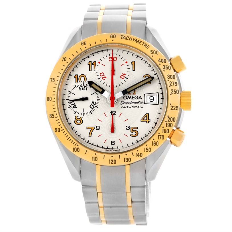 The image shows a frontal view of an Omega Speedmaster 3313.33.00 Men's Steel and Gold (two tone) White Dial 3313.33.00 Men's Steel and Gold (two tone) White Dial watch, showcasing its face, bezel, and band.