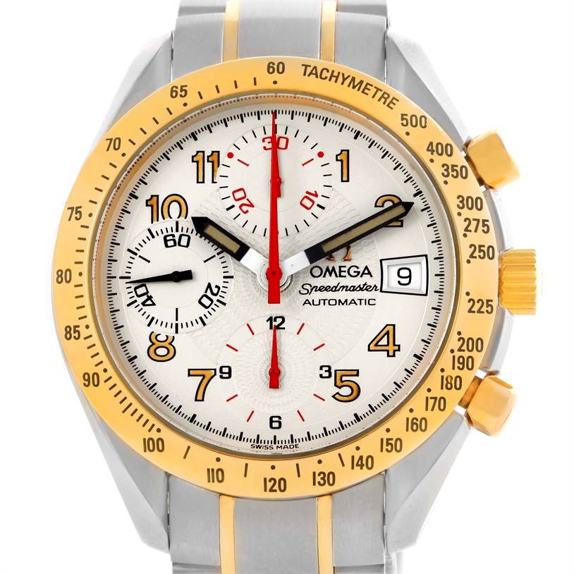 The image shows a front view of an Omega Speedmaster 3313.33.00 Men's Steel and Gold (two tone) White Dial 3313.33.00 Men's Steel and Gold (two tone) White Dial watch with a gold tachymeter bezel and three sub-dials on the face.