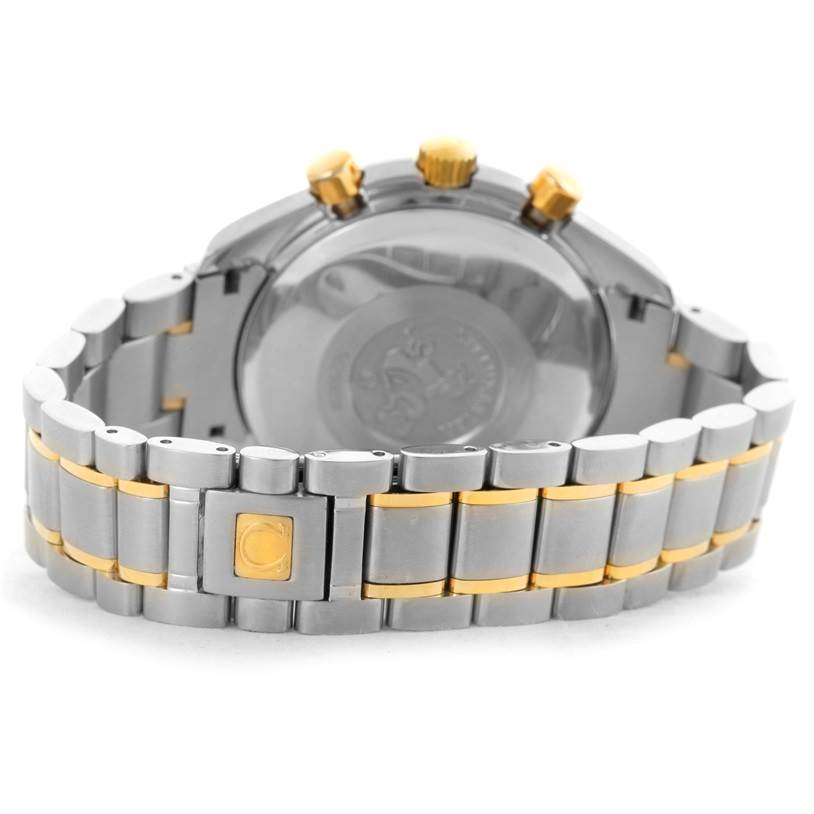 The image shows the back and bracelet of an Omega Speedmaster 3313.33.00 Men's Steel and Gold (two tone) White Dial 3313.33.00 Men's Steel and Gold (two tone) White Dial watch, featuring a two-tone metal finish.
