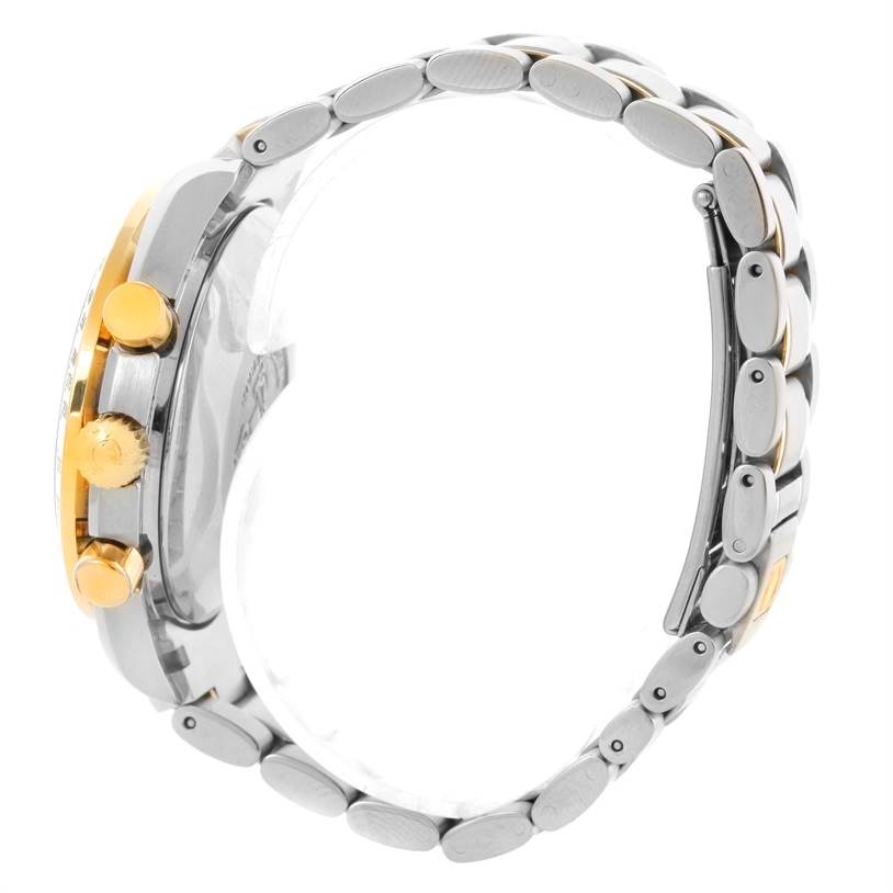 The image shows a side view of an Omega Speedmaster 3313.33.00 Men's Steel and Gold (two tone) White Dial 3313.33.00 Men's Steel and Gold (two tone) White Dial watch, highlighting the bracelet, crown, and pushers.