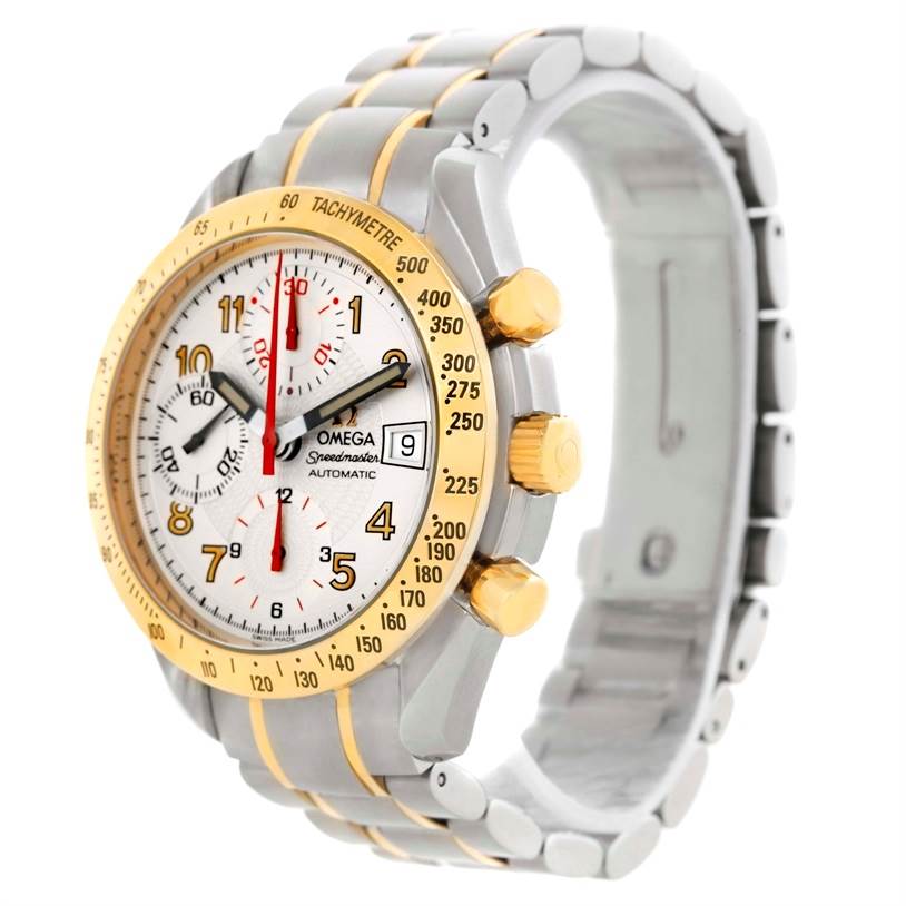 The image shows a side angle of an Omega Speedmaster 3313.33.00 Men's Steel and Gold (two tone) White Dial 3313.33.00 Men's Steel and Gold (two tone) White Dial watch, highlighting the dial, bezel, pushers, and bracelet.