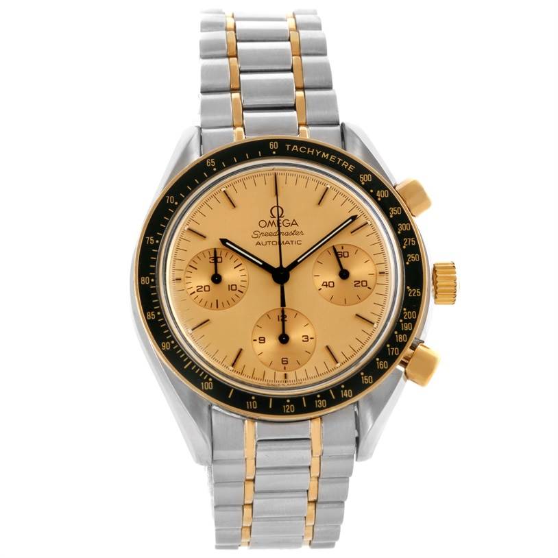 The Omega Speedmaster 3310.10 Men's Steel and Gold (two tone) Champagne Dial 3310.10 Men's Steel and Gold (two tone) Champagne Dial watch is viewed from the front, showcasing its dial, bezel, crown, pushers, and metal bracelet.