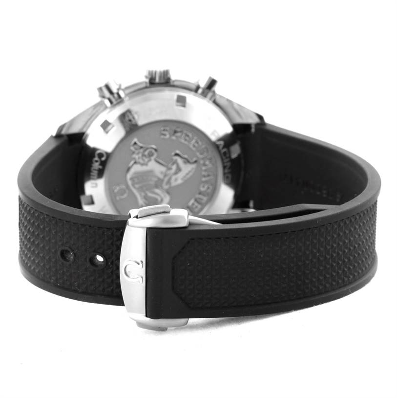 The image shows the Omega Speedmaster 326.32.40.50.06.001 Men
s Stainless Steel Grey Dial 326.32.40.50.06.001 Men
s Stainless Steel Grey Dial watch from a rear angle, highlighting the case back and the black rubber strap with a clasp.