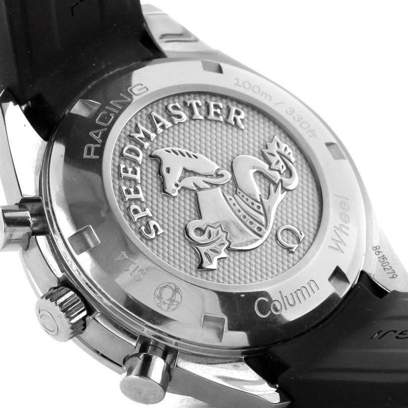 The image shows the case back of an Omega Speedmaster 326.32.40.50.06.001 Men
s Stainless Steel Grey Dial 326.32.40.50.06.001 Men
s Stainless Steel Grey Dial watch, highlighting the engraved logo and markings.