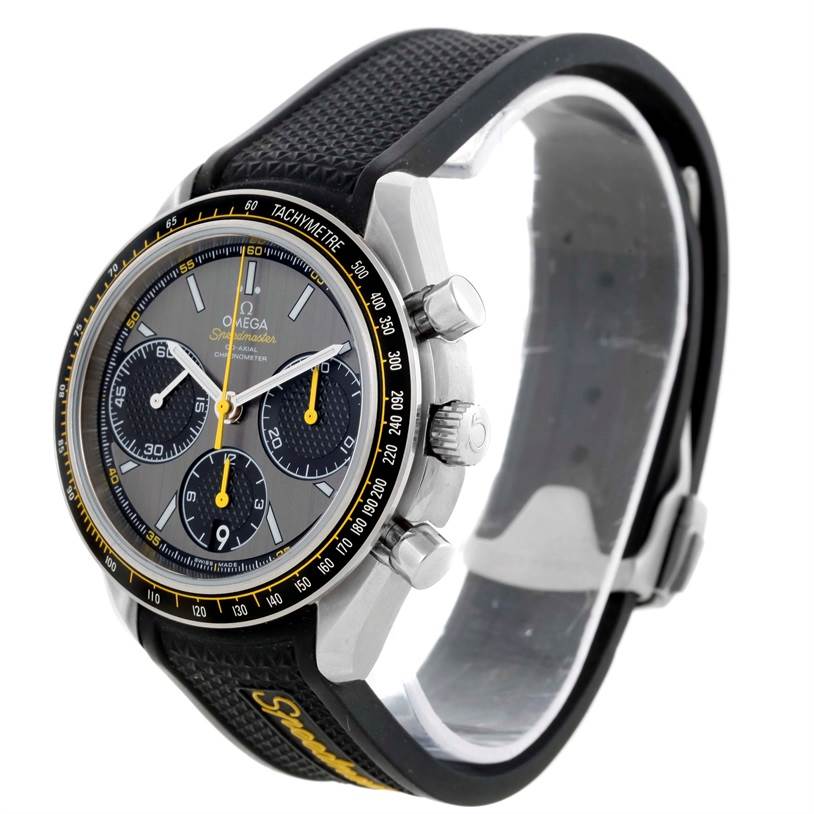 The Omega Speedmaster 326.32.40.50.06.001 Men
s Stainless Steel Grey Dial 326.32.40.50.06.001 Men
s Stainless Steel Grey Dial watch is shown at a 3 o
clock angle, highlighting the pushers, crown, subdials, and the textured black strap.