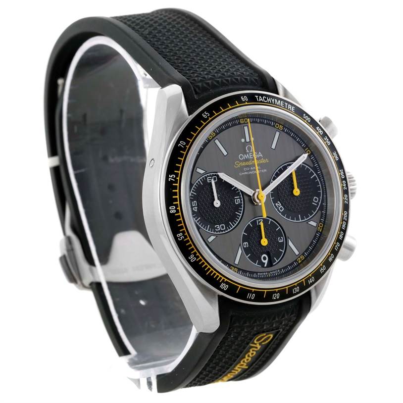 The image shows an Omega Speedmaster 326.32.40.50.06.001 Men
s Stainless Steel Grey Dial 326.32.40.50.06.001 Men
s Stainless Steel Grey Dial watch at an angled side view, displaying its dial, bezel, and strap.