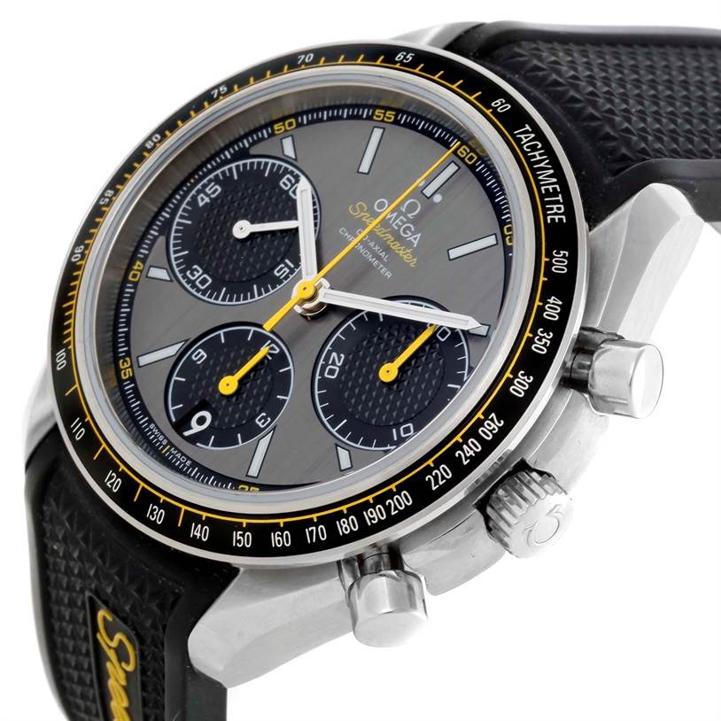 The Omega Speedmaster 326.32.40.50.06.001 Men
s Stainless Steel Grey Dial 326.32.40.50.06.001 Men
s Stainless Steel Grey Dial watch is shown from a three-quarters angle, highlighting the face, crown, pushers, and partial strap.