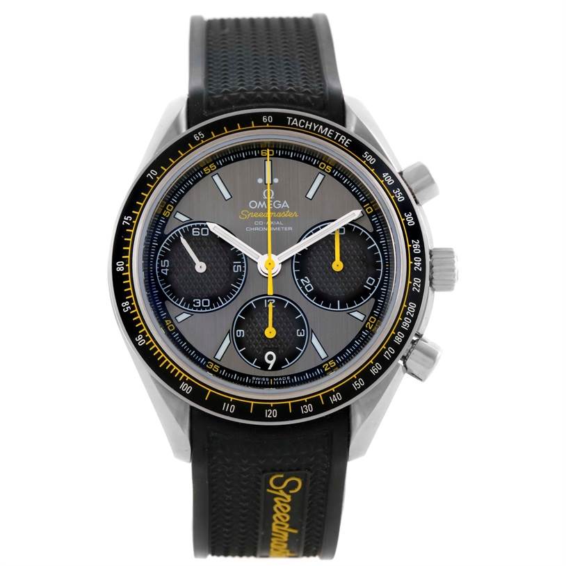 The image shows a frontal view of an Omega Speedmaster 326.32.40.50.06.001 Men
s Stainless Steel Grey Dial 326.32.40.50.06.001 Men
s Stainless Steel Grey Dial watch, highlighting the dial, subdials, and strap.