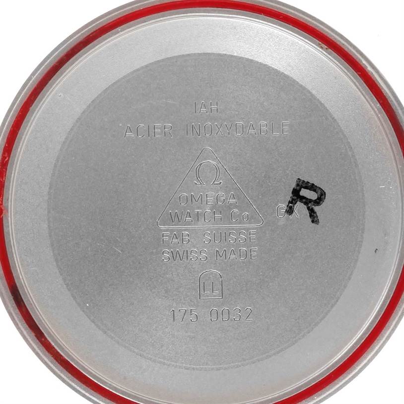 This image shows the inner case back of an Omega Speedmaster 3510.50.00 Men
s Stainless Steel Black Dial 3510.50.00 Men
s Stainless Steel Black Dial watch, displaying the brand markings and model number.