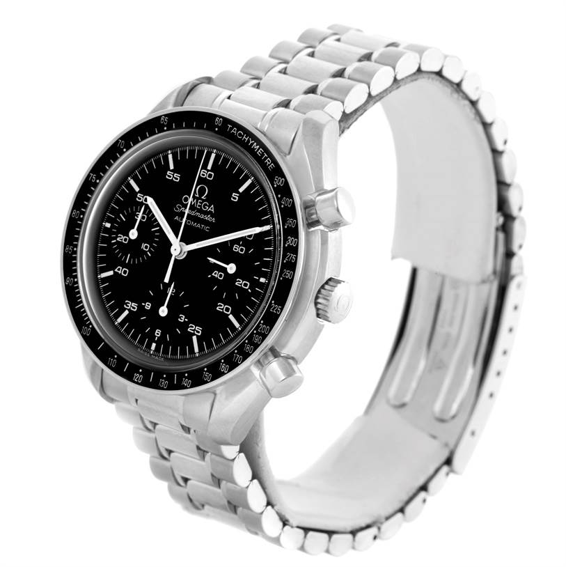 The Omega Speedmaster 3510.50.00 Men
s Stainless Steel Black Dial 3510.50.00 Men
s Stainless Steel Black Dial is shown from a front-left angle displaying its dial, bezel, pushers, and stainless steel bracelet.