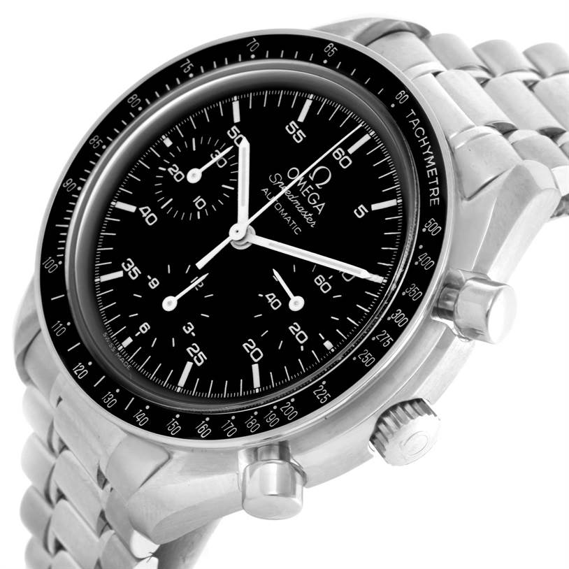 This image shows a close-up angled view of the Omega Speedmaster 3510.50.00 Men
s Stainless Steel Black Dial 3510.50.00 Men
s Stainless Steel Black Dial watch, highlighting the dial, subdials, bezel, and bracelet.