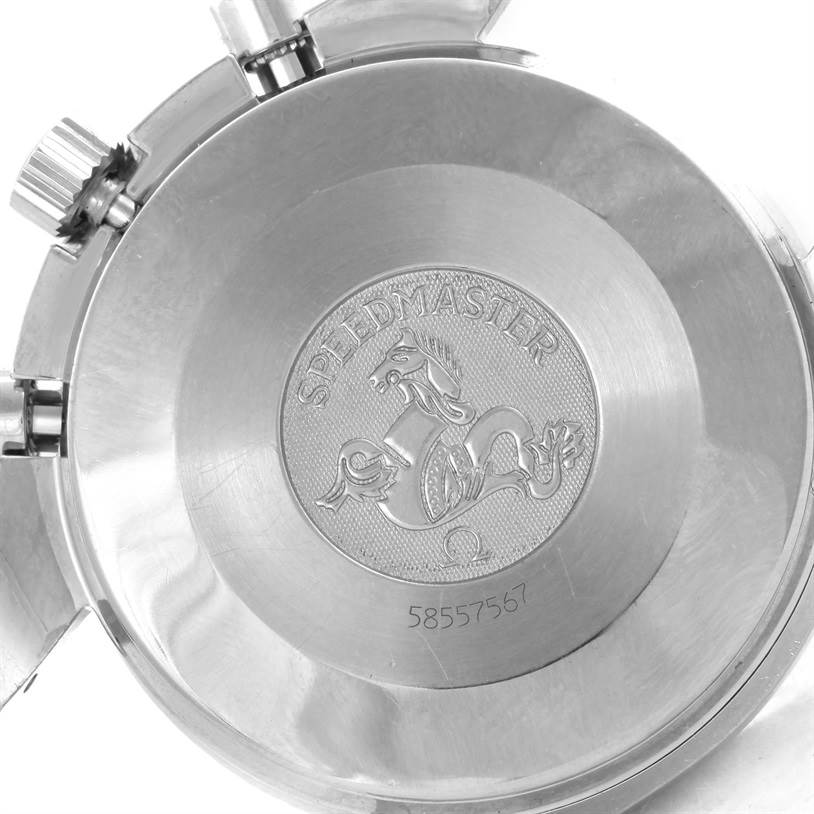 The image shows the back case of an Omega Speedmaster 3510.50.00 Men
s Stainless Steel Black Dial 3510.50.00 Men
s Stainless Steel Black Dial watch, highlighting the engraved logo and text.