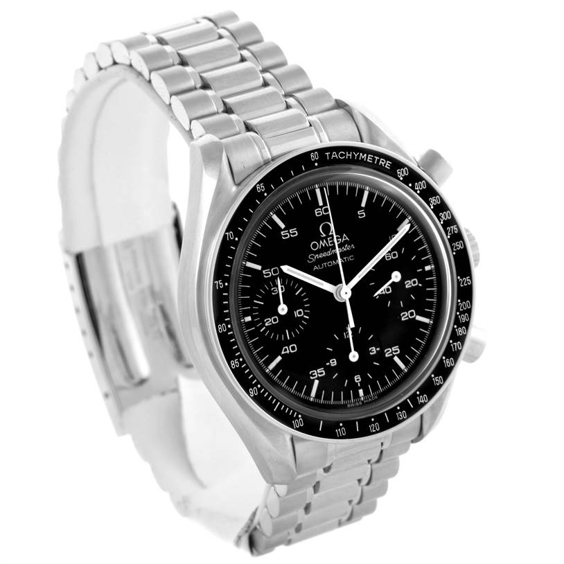 The Omega Speedmaster 3510.50.00 Men
s Stainless Steel Black Dial 3510.50.00 Men
s Stainless Steel Black Dial watch is shown at a three-quarter view, highlighting the face, bezel, and metal bracelet.