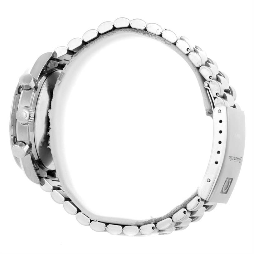 The image shows a side view of an Omega Speedmaster 3510.50.00 Men
s Stainless Steel Black Dial 3510.50.00 Men
s Stainless Steel Black Dial watch, focusing on the band and the case with crown and pushers.