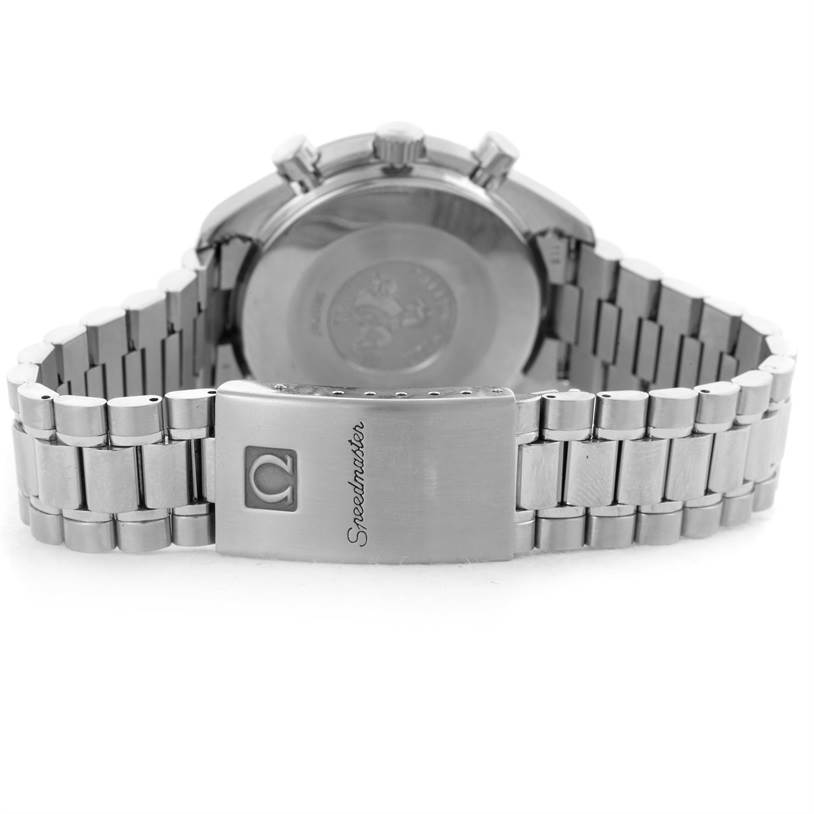 The image shows the clasp and case back of an Omega Speedmaster 3510.50.00 Men
s Stainless Steel Black Dial 3510.50.00 Men
s Stainless Steel Black Dial watch from a rear angle.