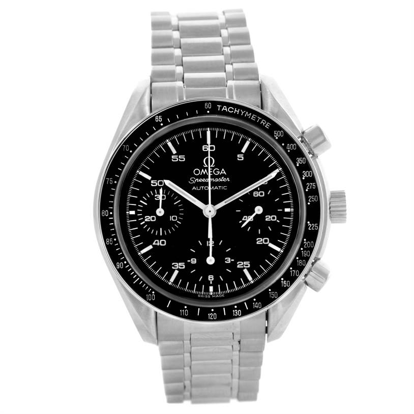 This Omega Speedmaster 3510.50.00 Men
s Stainless Steel Black Dial 3510.50.00 Men
s Stainless Steel Black Dial watch model is shown from a front angle, displaying the face, bezel, and bracelet.