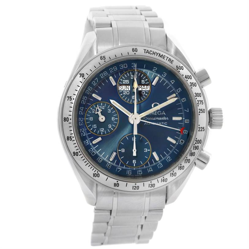 This image shows a frontal view of the Omega Speedmaster 3523.80.00 Men
s Stainless Steel Blue Dial 3523.80.00 Men
s Stainless Steel Blue Dial watch, highlighting its blue dial, subdials, and bracelet.
