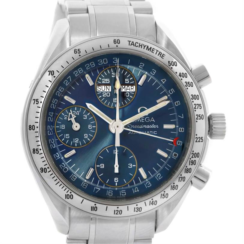 This is an Omega Speedmaster 3523.80.00 Men
s Stainless Steel Blue Dial 3523.80.00 Men
s Stainless Steel Blue Dial watch shown from a front angle, displaying the face, bezel, and part of the metal bracelet.