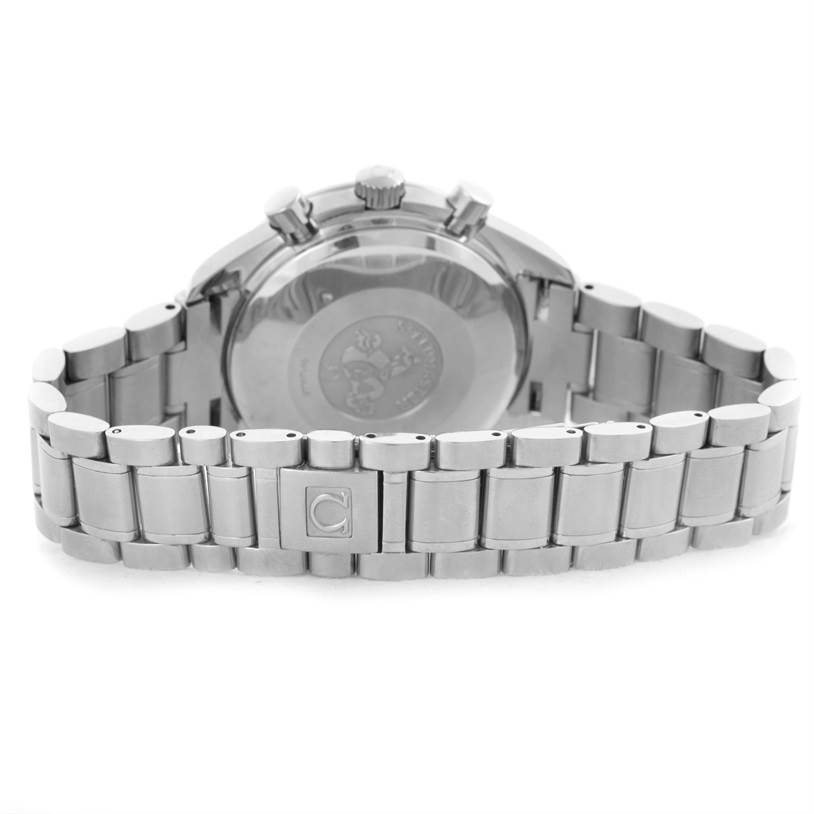 The image shows the back case and bracelet of an Omega Speedmaster 3523.80.00 Men
s Stainless Steel Blue Dial 3523.80.00 Men
s Stainless Steel Blue Dial watch, highlighting the clasp and engraved case back.