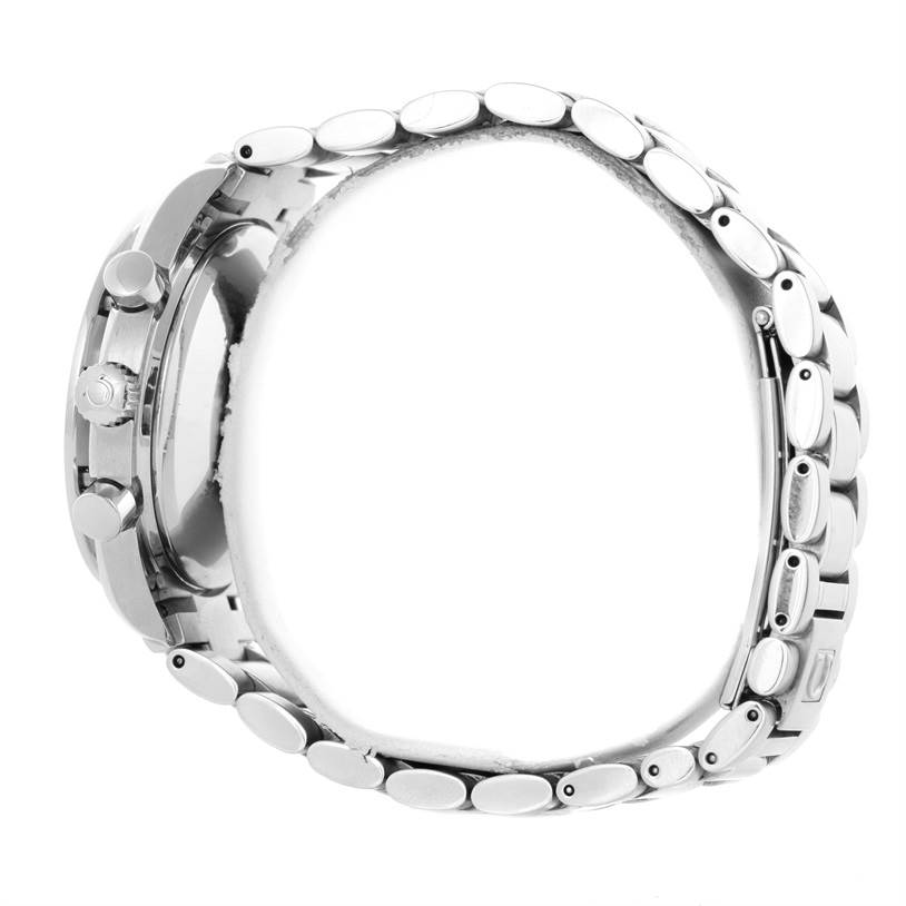 The image shows a side view of the Omega Speedmaster 3523.80.00 Men
s Stainless Steel Blue Dial 3523.80.00 Men
s Stainless Steel Blue Dial watch, highlighting its bracelet and chronograph pushers.