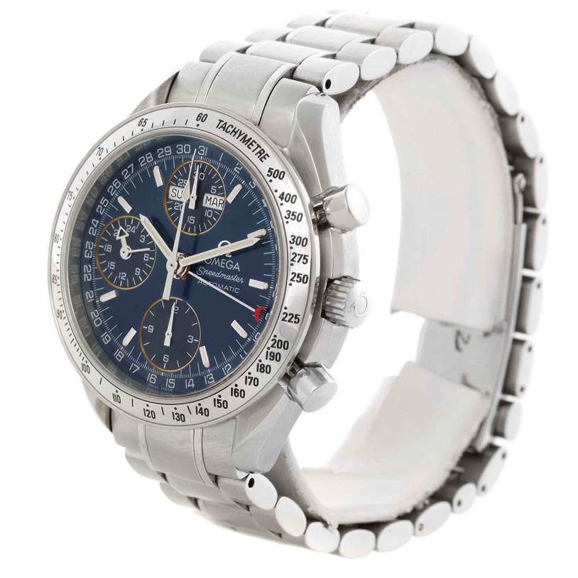 This image shows a side angle view of an Omega Speedmaster 3523.80.00 Men
s Stainless Steel Blue Dial 3523.80.00 Men
s Stainless Steel Blue Dial watch, highlighting the face, bezel, chronograph dials, and metal bracelet.