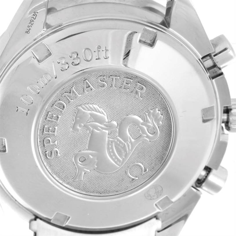 This image shows the back case of an Omega Speedmaster 3220.50.00 Men
s Stainless Steel Black Dial 3220.50.00 Men
s Stainless Steel Black Dial watch, displaying its logo and water resistance details.