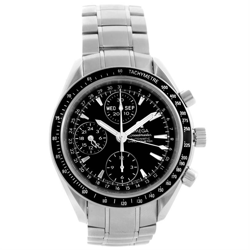 The image shows a front view of an Omega Speedmaster 3220.50.00 Men
s Stainless Steel Black Dial 3220.50.00 Men
s Stainless Steel Black Dial watch, highlighting its dial, sub-dials, bezel, and stainless steel bracelet.