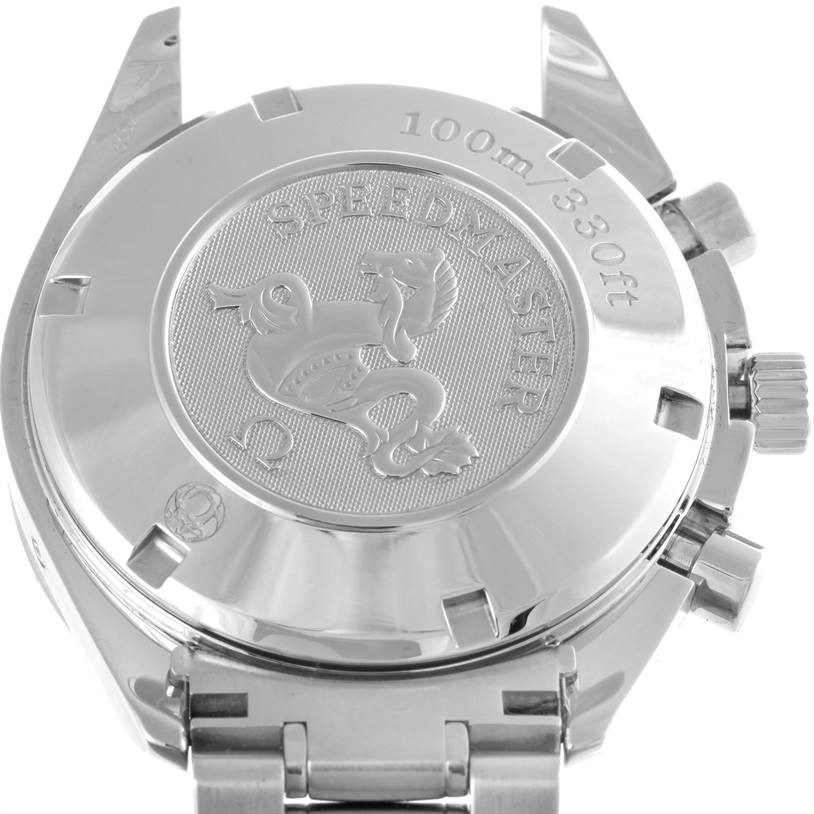 This image shows the backside of an Omega Speedmaster 323.30.40.40.06.001 Men
s Stainless Steel Grey Dial 323.30.40.40.06.001 Men
s Stainless Steel Grey Dial watch, highlighting its case back and part of the bracelet.