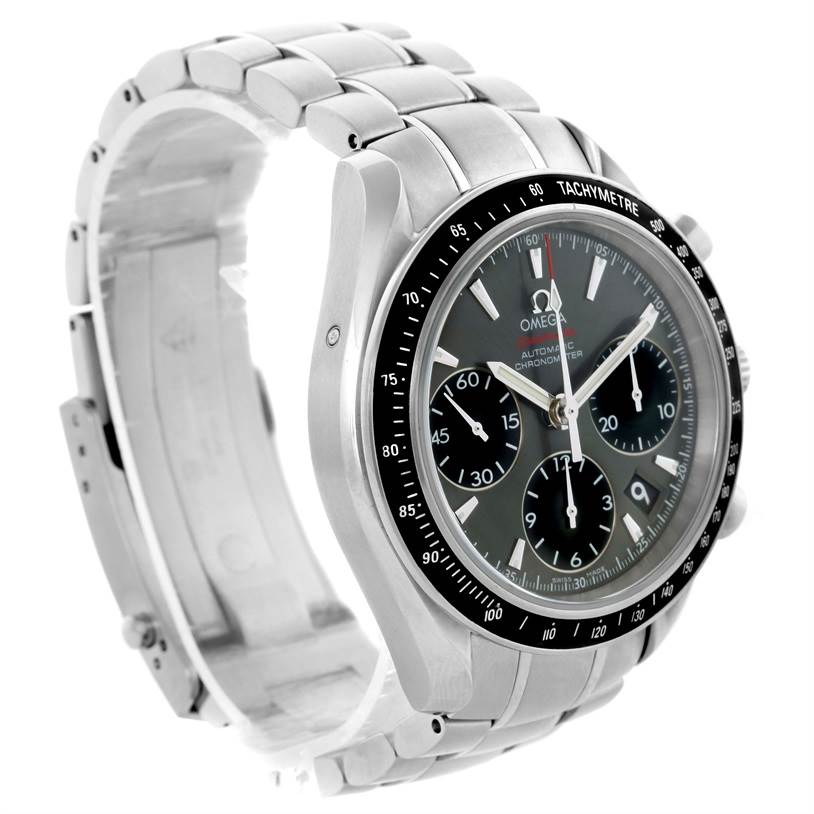 The image shows an angled view of an Omega Speedmaster 323.30.40.40.06.001 Men
s Stainless Steel Grey Dial 323.30.40.40.06.001 Men
s Stainless Steel Grey Dial watch highlighting the face, bezel, and bracelet.