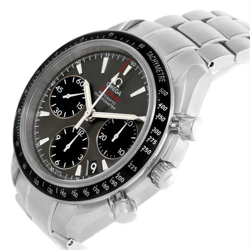 The image shows an angled view of an Omega Speedmaster 323.30.40.40.06.001 Men
s Stainless Steel Grey Dial 323.30.40.40.06.001 Men
s Stainless Steel Grey Dial watch, highlighting the face, bezel, and metal bracelet.