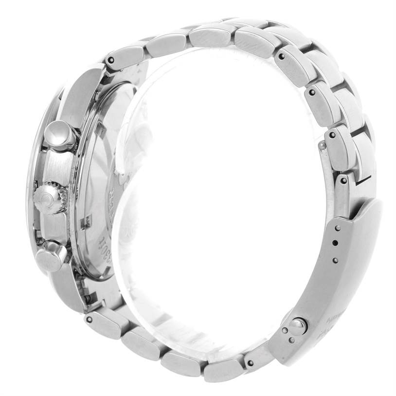 The image shows a side view of an Omega Speedmaster 323.30.40.40.06.001 Men
s Stainless Steel Grey Dial 323.30.40.40.06.001 Men
s Stainless Steel Grey Dial watch, highlighting the crown, pushers, and metal bracelet.