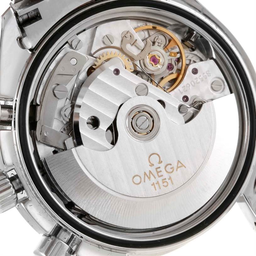 The image shows the inner mechanical movement of the Omega Speedmaster 323.30.40.40.06.001 Men
s Stainless Steel Grey Dial 323.30.40.40.06.001 Men
s Stainless Steel Grey Dial watch from the back view.