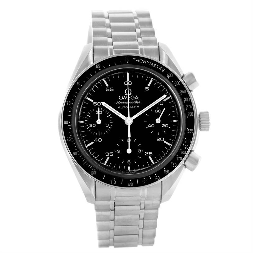 This Omega Speedmaster 3510.50.00 Men
s Stainless Steel Black Dial 3510.50.00 Men
s Stainless Steel Black Dial watch is shown from a direct front angle, displaying its black dial, chronograph subdials, and stainless steel bracelet.