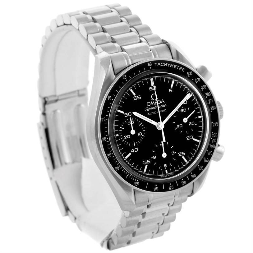 The image shows an angled view of an Omega Speedmaster 3510.50.00 Men
s Stainless Steel Black Dial 3510.50.00 Men
s Stainless Steel Black Dial watch, highlighting its face, bezel, and stainless steel bracelet.