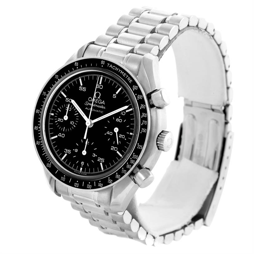 The Omega Speedmaster 3510.50.00 Men
s Stainless Steel Black Dial 3510.50.00 Men
s Stainless Steel Black Dial watch is displayed at a 3/4 angle, showing the face, bezel, pushers, crown, and metal bracelet.