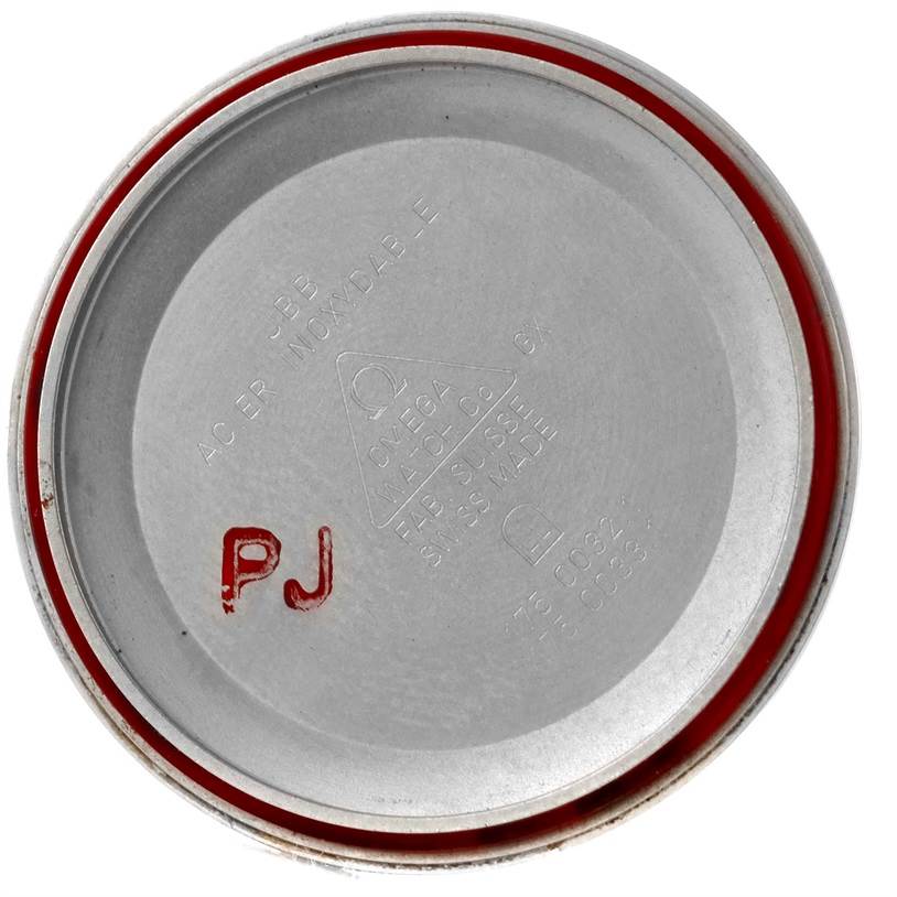 This image shows the inside of the case back for an Omega Speedmaster 3510.50.00 Men
s Stainless Steel Black Dial 3510.50.00 Men
s Stainless Steel Black Dial watch, viewed from a top-down angle.