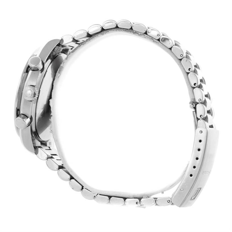 This image shows the Omega Speedmaster 3510.50.00 Men
s Stainless Steel Black Dial 3510.50.00 Men
s Stainless Steel Black Dial watch from a side angle, highlighting its metal band, case, and pushers.