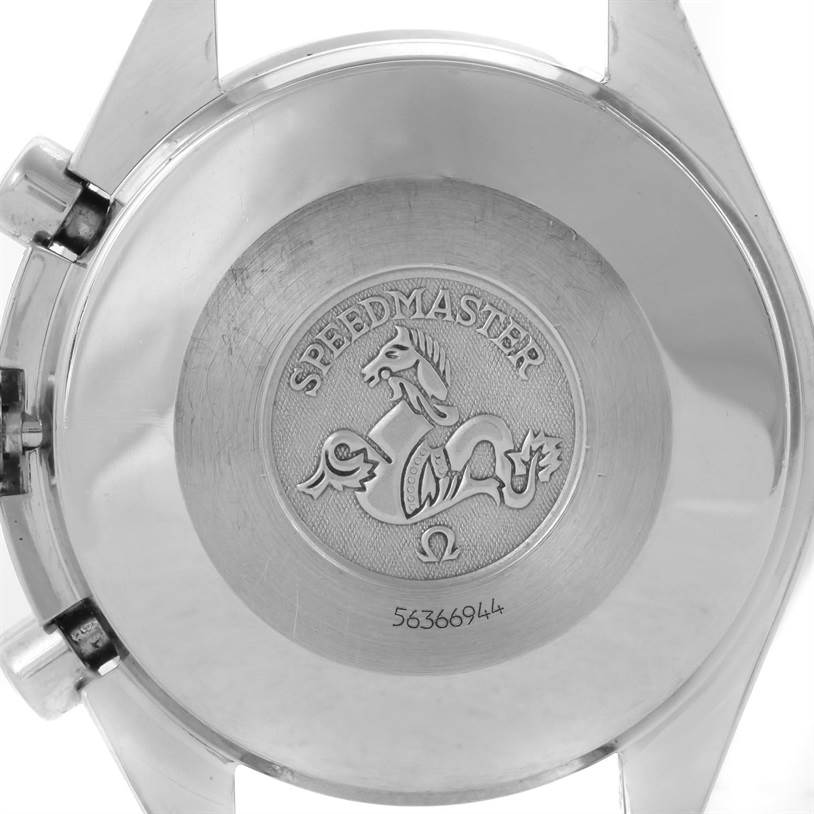 The image shows the case back of an Omega Speedmaster 3510.50.00 Men
s Stainless Steel Black Dial 3510.50.00 Men
s Stainless Steel Black Dial watch, including its engravings and serial number.