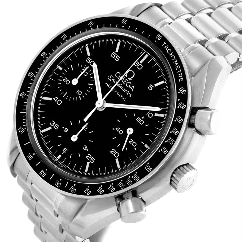 The Omega Speedmaster 3510.50.00 Men
s Stainless Steel Black Dial 3510.50.00 Men
s Stainless Steel Black Dial watch is shown at an angle highlighting the face, bezel, pushers, and part of the bracelet.