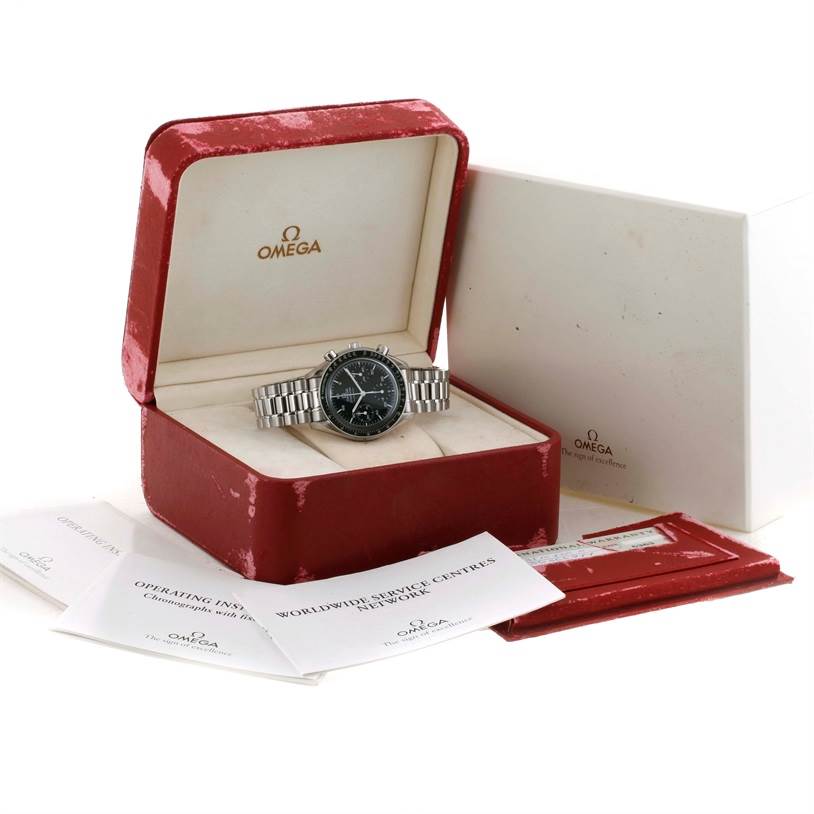 The Omega Speedmaster 3510.50.00 Men
s Stainless Steel Black Dial 3510.50.00 Men
s Stainless Steel Black Dial watch is displayed in its open red case, with booklets beside it.