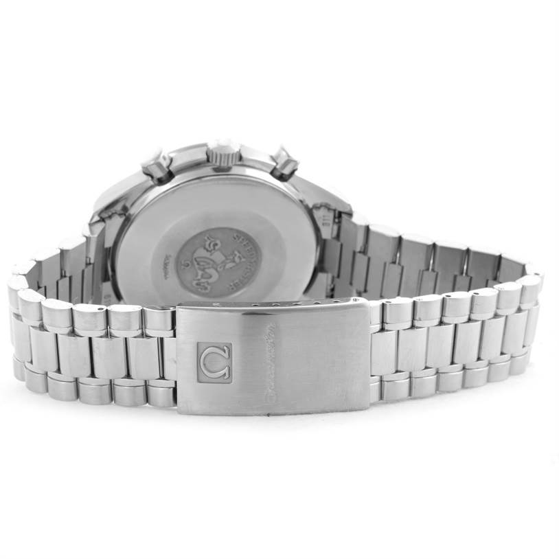 The image shows the back of an Omega Speedmaster 3510.50.00 Men
s Stainless Steel Black Dial 3510.50.00 Men
s Stainless Steel Black Dial watch, including the case back, crown, pushers, and part of the bracelet.