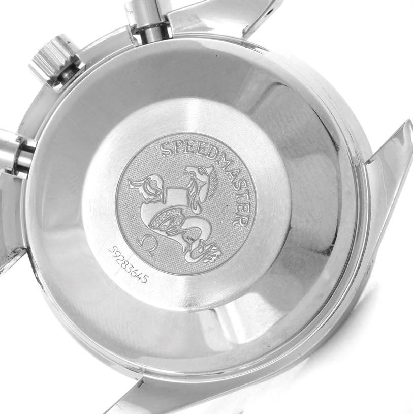 The image shows the back case of an Omega Speedmaster 3520.50.00 Men
s Stainless Steel Black Dial 3520.50.00 Men
s Stainless Steel Black Dial watch, highlighting the engraved logo and text.