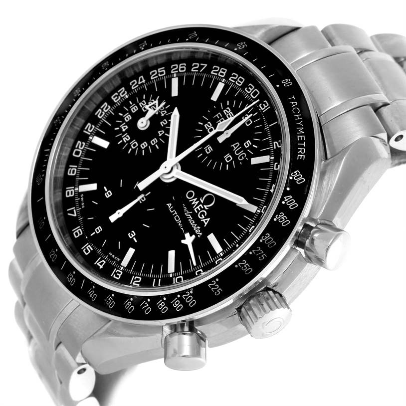This image shows the Omega Speedmaster 3520.50.00 Men
s Stainless Steel Black Dial 3520.50.00 Men
s Stainless Steel Black Dial watch at an angled view, displaying its black dial, tachymeter bezel, and stainless steel bracelet.